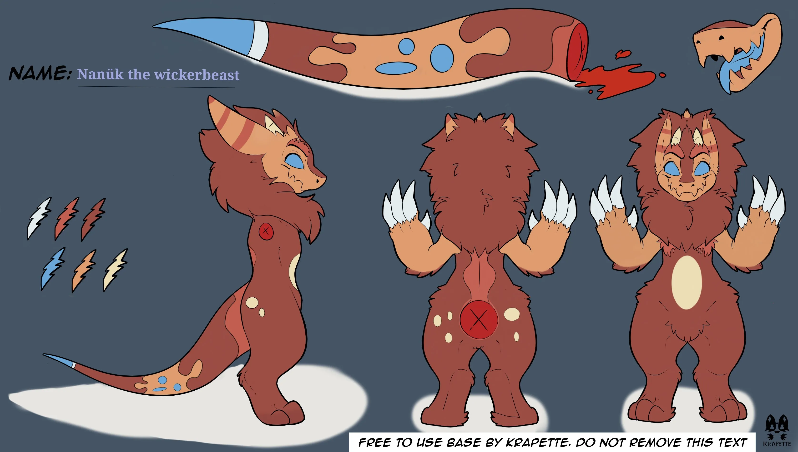 This is actually Nanuk's very first ref sheet! I filled this in around march of 2021 on a Kindle fire with only my finger as a stylus. All things considered I think I did ok! Although I definitely could do better (and have done better) now. But I like to keep this around just so I know how much Nanuk has changed since her first iteration. 

Lines done by Krapette.
