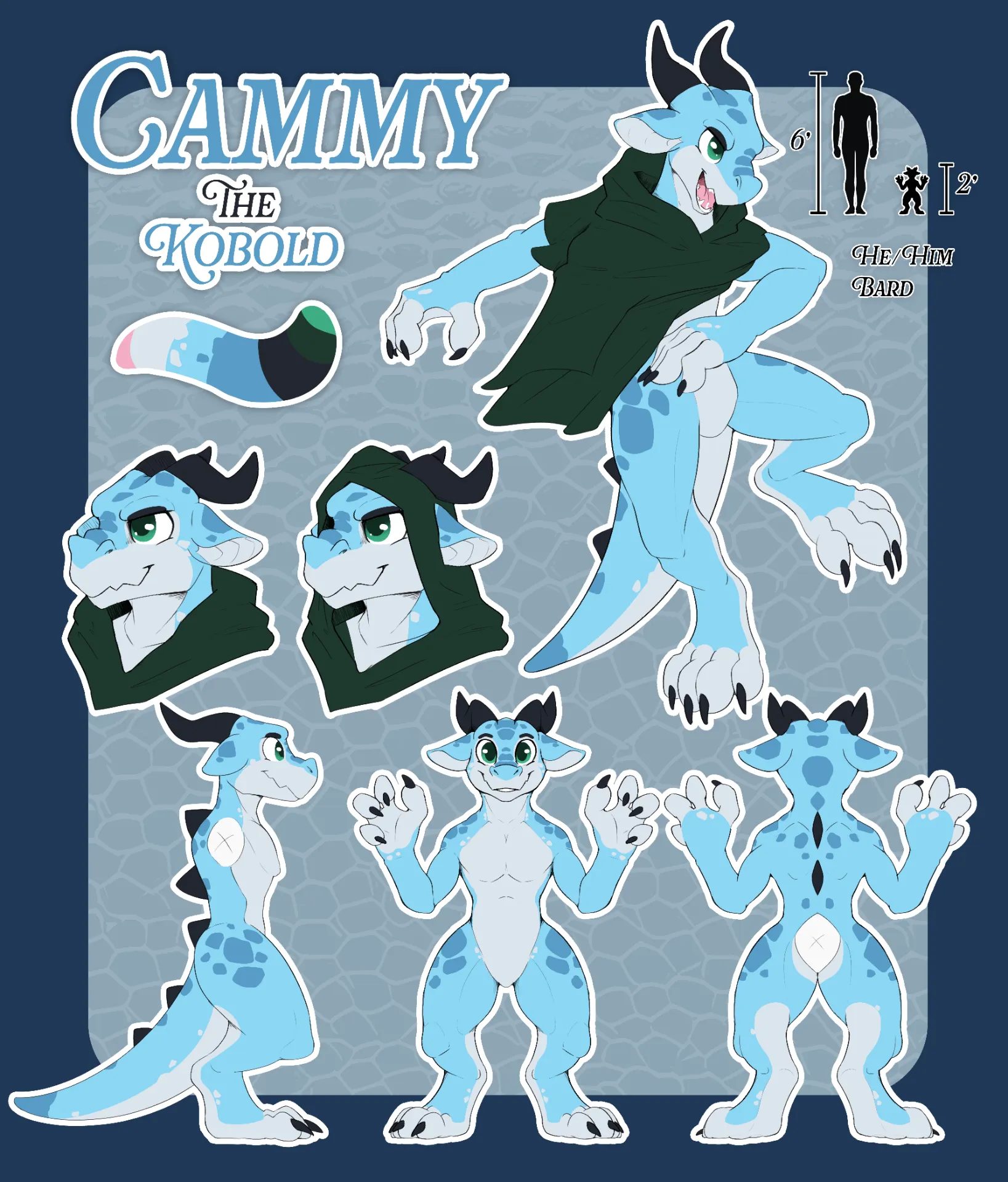 The ref sheet of my kobold, Cammy. He's a 2 foot tall, blue kobold with grey muzzle, belly, hands and feet. He has black back plates, black claws on his hands and feet, and his he has horns that protrude from his head and curve upwards that are black too. He wears a green hood